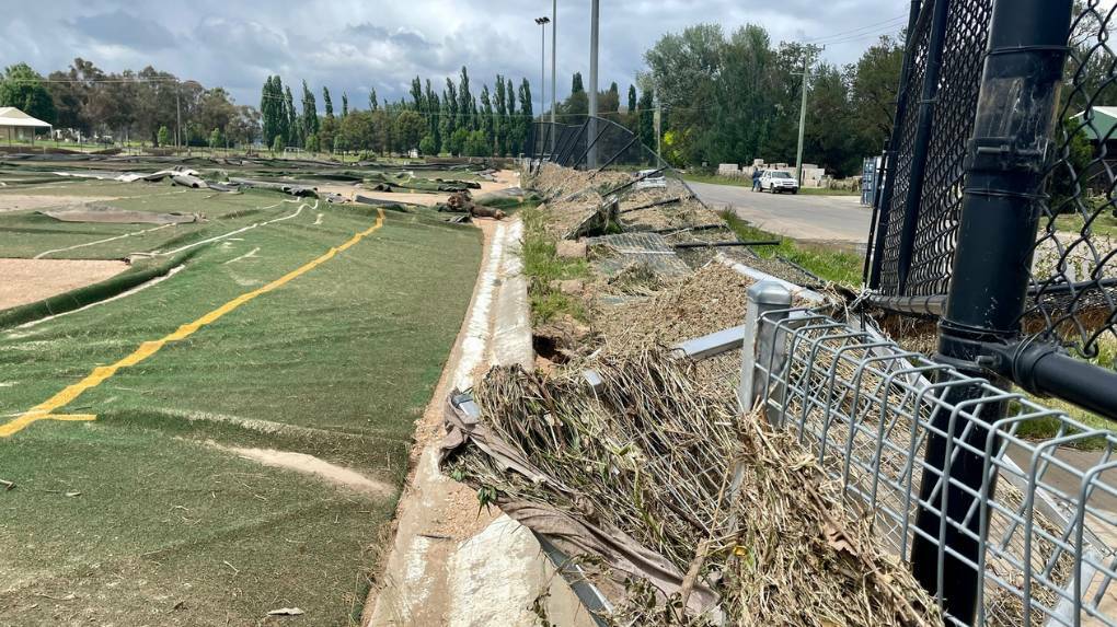 The flood-ridden site of Molong's Multi Purpose Sporting Precinct on November 16, where extensive damage to its hockey field left the venue in ruins. Picture by Emily Gobourg.