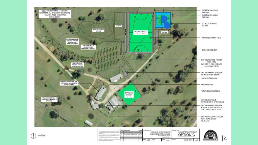Option C of the Multi Sports Precinct Masterplan developed by Cabonne Council to relocate Molong's flood-torn sporting sites to the showground and golf course. Picture supplied by Molong Hockey Club.