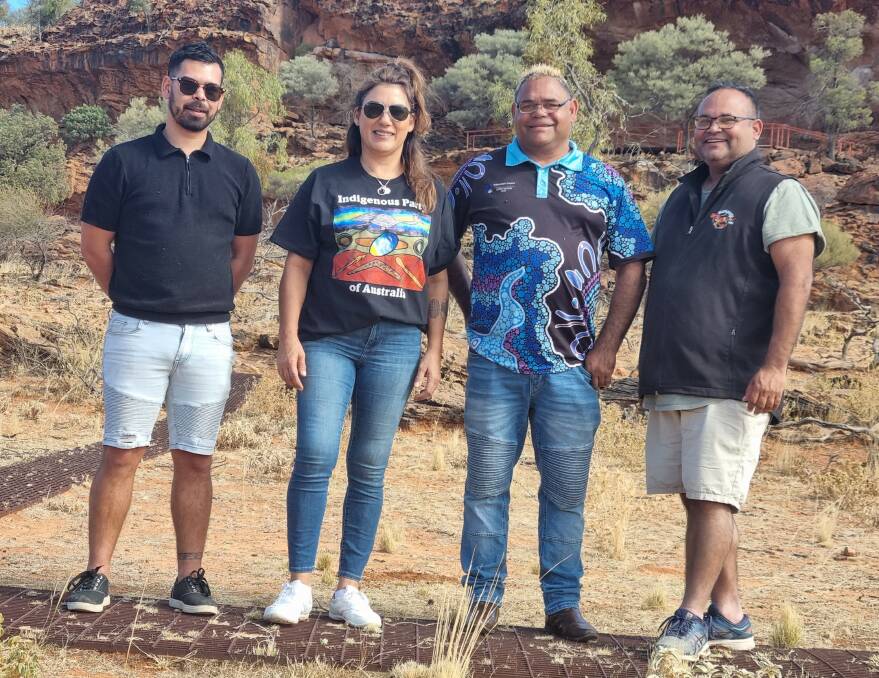 Senator from Victoria, Lidia Thorpe, with Jaharlyn Mitchell (left), Indigenous Aboriginal Party convenor Owen Whyman and Warlpa Thompson (right) at their consultation meeting at Mutawintji National Park near Broken Hill in April 2023. Picture supplied
