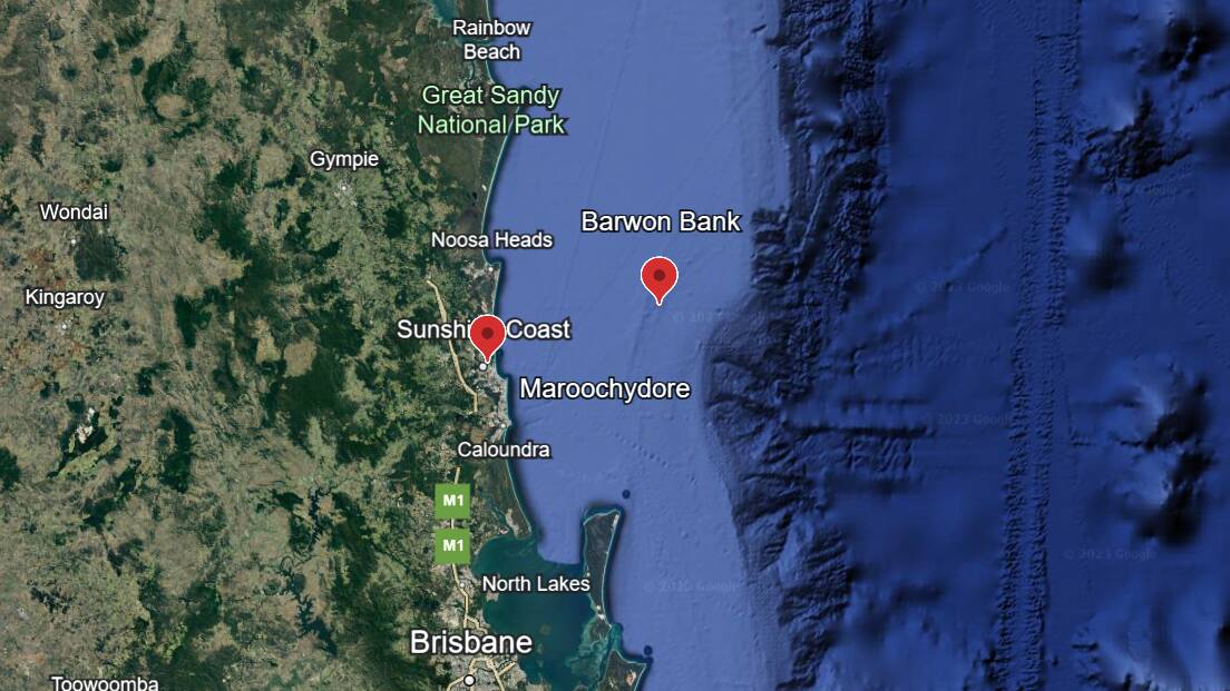 Queensland's Maroochydore and Barwon Bank dive site shown on a map. Picture via Google Earth