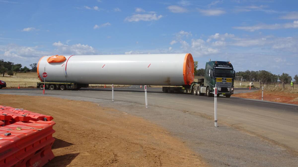 DELIVERY: One of the main turbine compenents arriving at Bodangora. Photo: Contributed 