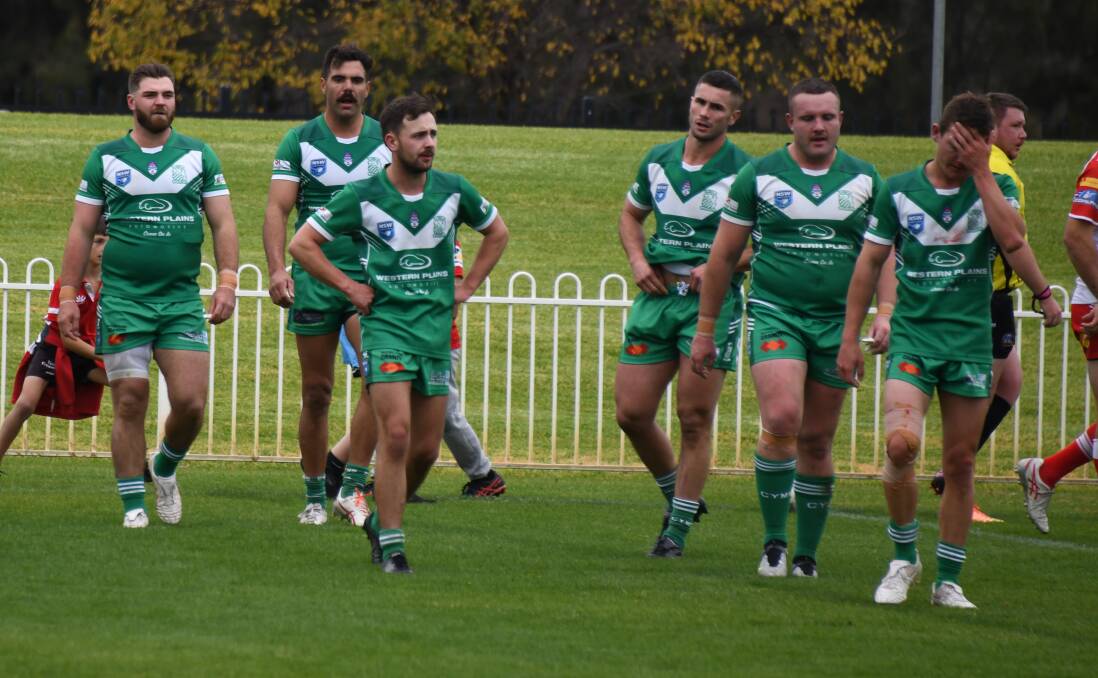 Dejected Dubbo CYMS players at Mudgee's Glen Willow Stadium on Sunday, June 2. Picture by Nick Guthrie